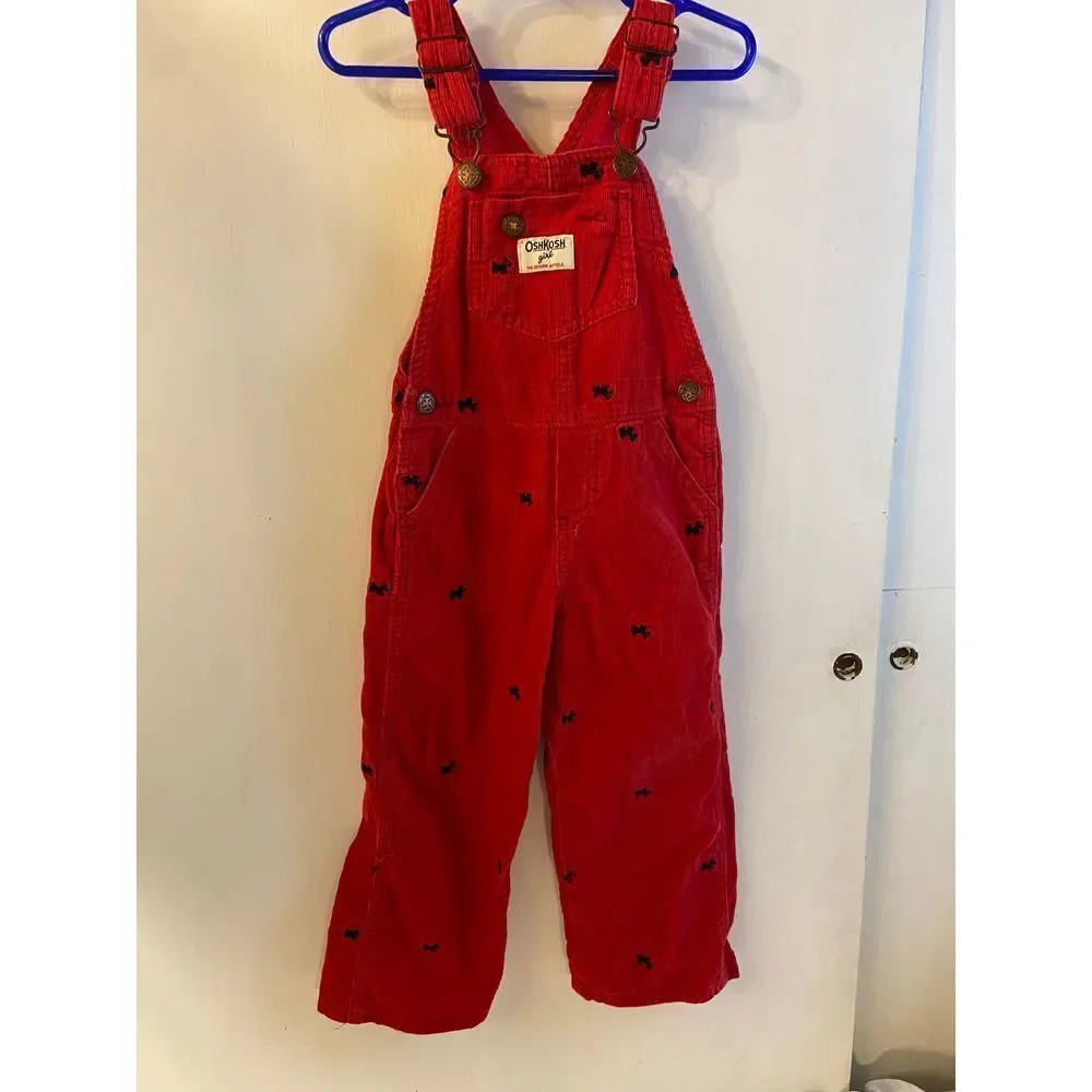 Oshkosh girls 3t red corduroy black dog‎ terrier overalls